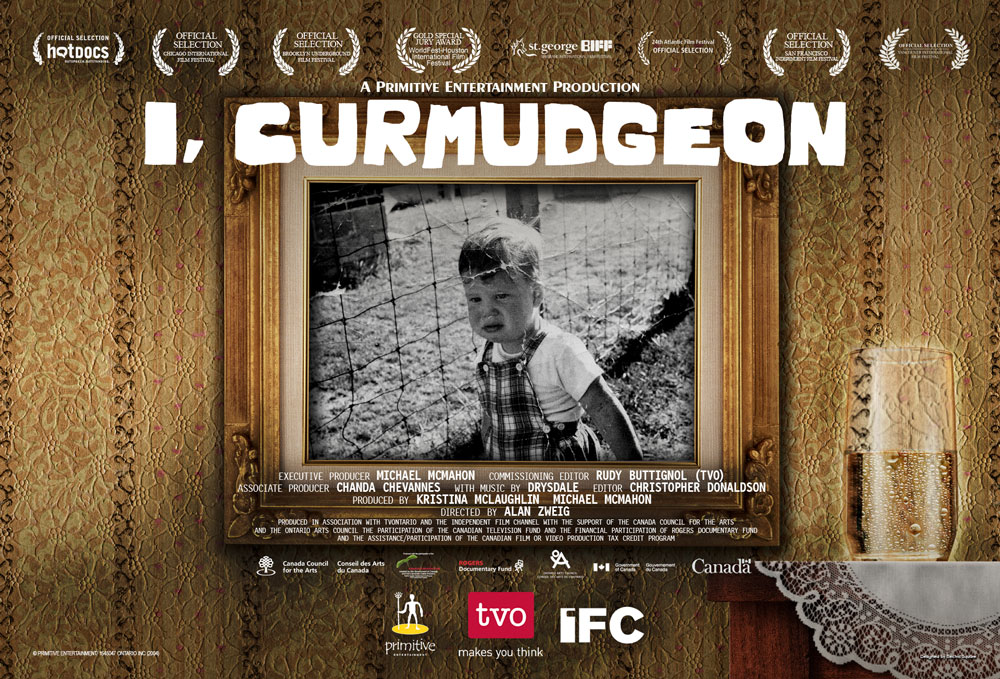 Official poster for I, Curmudgeon: a black-and-white childhood photo of a crying boy in an ornate gold frame, hung on patterned wallpaper.