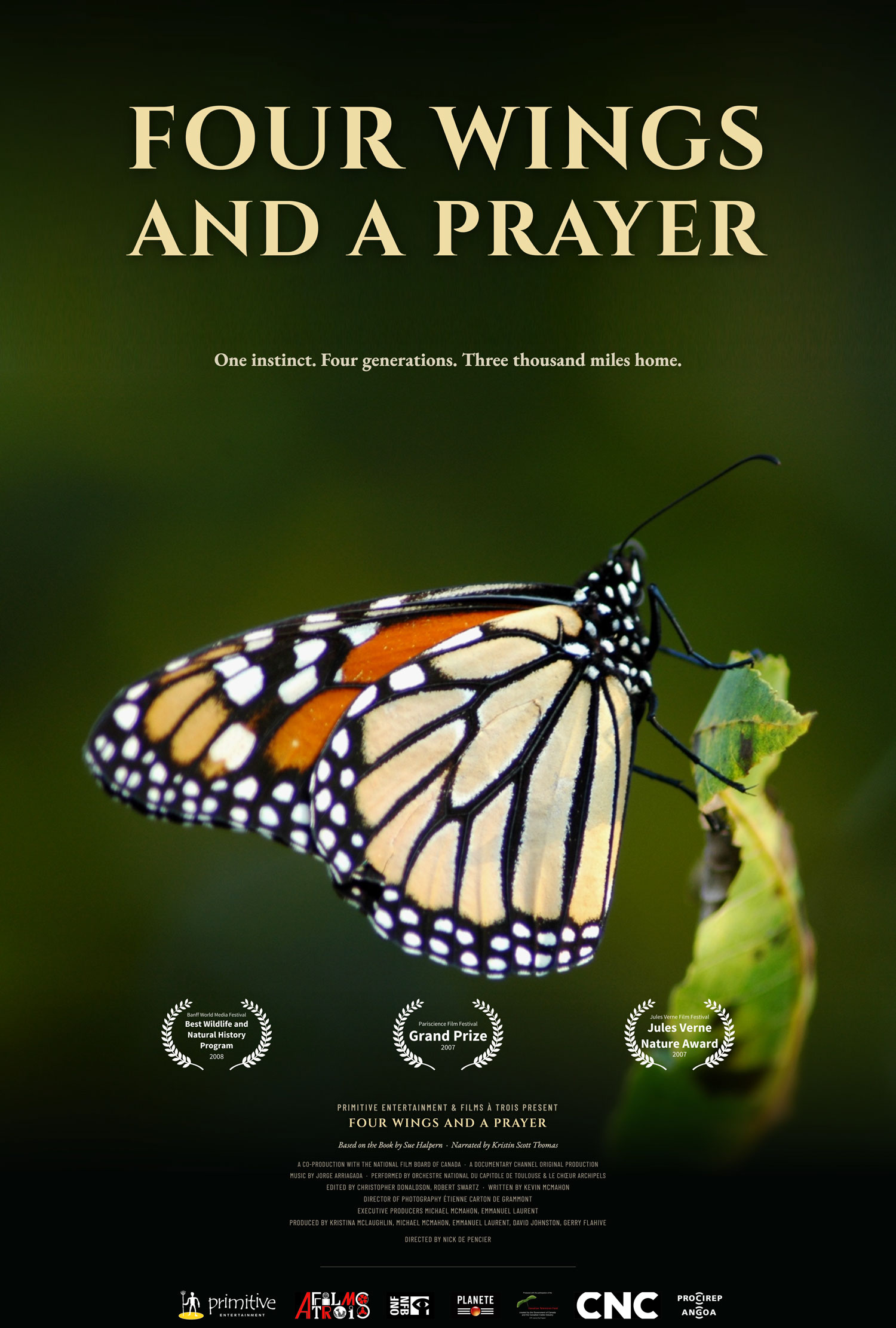 Official poster for Four Wings and a Prayer: a Monarch butterfly perched on a leaf, with the tagline 'One instinct. Four generations. Three thousand miles home.'