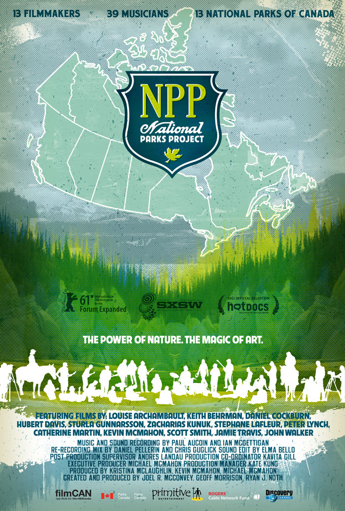 Official poster for National Parks Project: a map of Canada over a forest landscape, with the tagline 'The power of nature. The magic of art.'