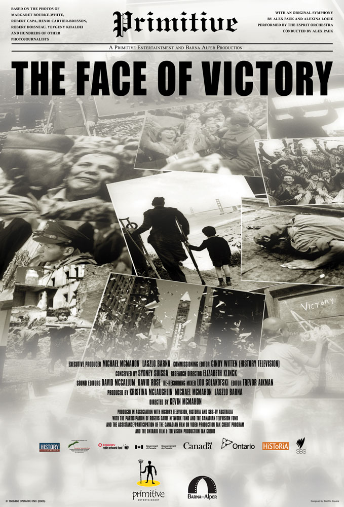 Official poster for The Face of Victory: a collage of black-and-white WWII-era photojournalism images.