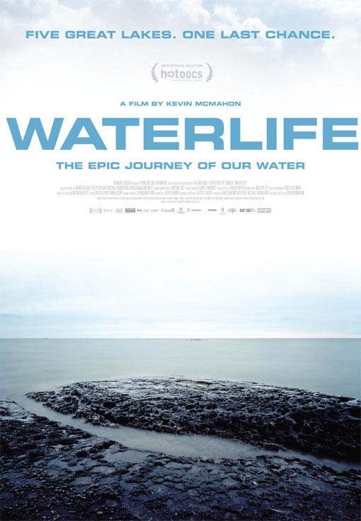 Official poster for Waterlife: a rocky Great Lakes shoreline beneath a pale sky, with the tagline 'Five great lakes. One last chance.'