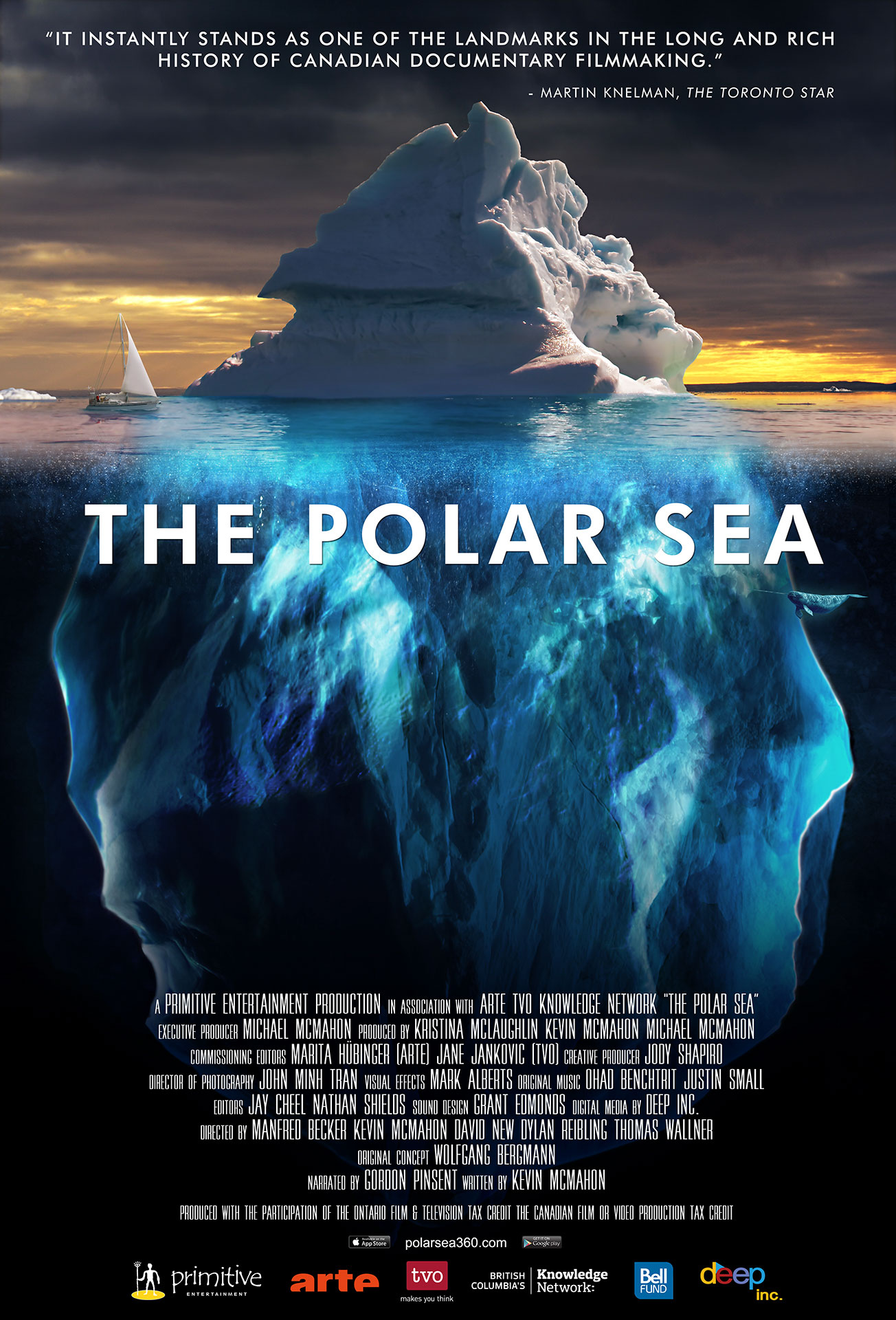 Official poster for The Polar Sea: a sailboat beside a massive iceberg at sunset above the waterline, its submerged mass reaching down through blue water below, with a narwhal swimming past.